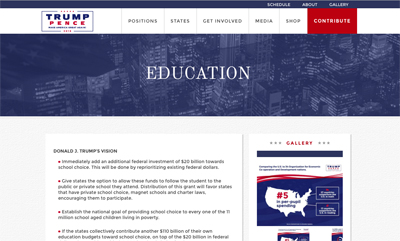 トランプ次期大統領ウエブサイトの「Education」プランのページ