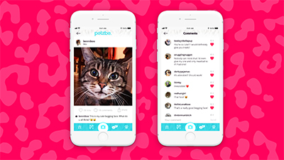 「いいね！」はlick（ペロペロ）、「フォロー」はsniffing（クンクン）。飼い主の「なりきり」コメントに大笑いしたり癒されたり。現在はiOS対応のみだが、近日中にアンドロイド対応になる予定。 https://petzbe.comより