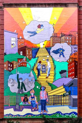 Our Everyday Heroes: Using our Hidden Strengths to Overcome Adversity, Combat Mental Health Stigma and Help our World By muralist Jon Souza and members of Community Access, installed on the 176th street corridor between Jerome Avenue and Davidson Avenue in Mount Hope, the Bronx.