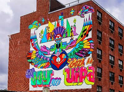 Reflections of Ourselves and Each Other (Seeing Through a Unique Lens) By muralist Aaron Lazansky-Olivas and members of Acacia Network, installed above the elevated Prospect Avenue subway stop in Morrisania, the Bronx. (photo: Will Ragozzino for the NYC Mural Arts)